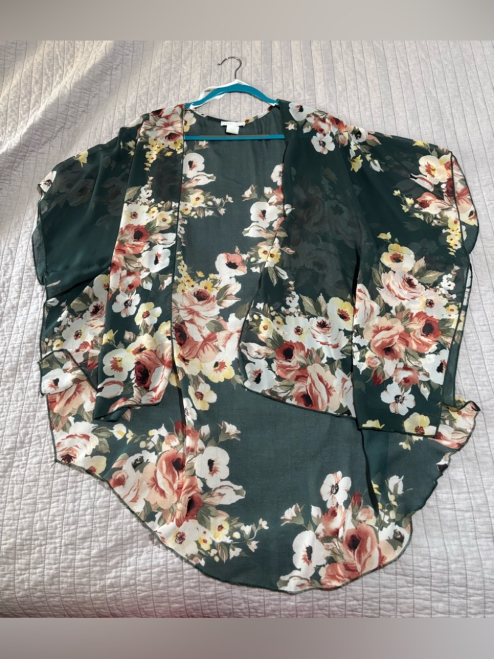 emory park Floral Sheer Kimono in Dark Green and Pink